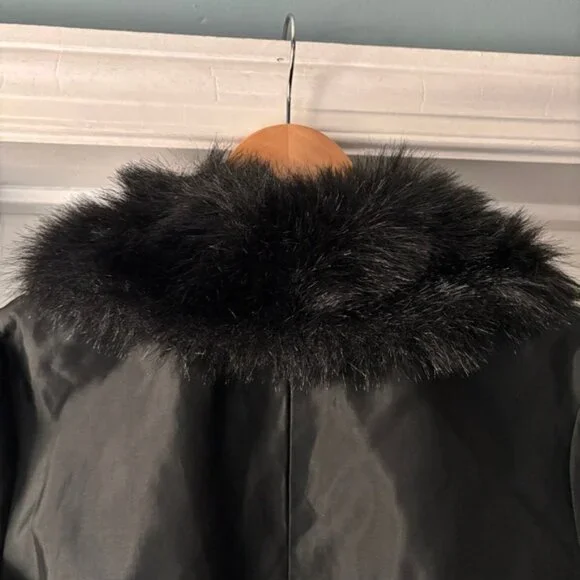 Jessica McClintock Vintage Black Satin Faux Fur Blazer Jacket Zip Up Size S / M - Picture 9 of 11